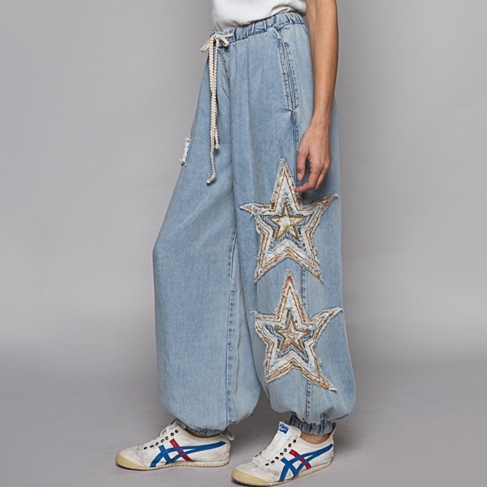 POL Light Blue Star Embellished Joggers